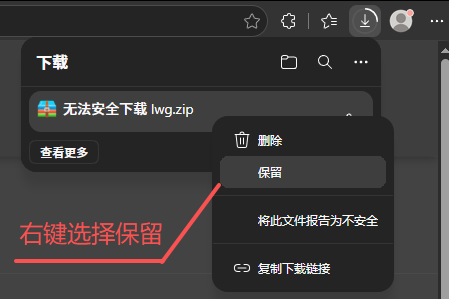 Edge 下载面板中保留 lwg.zip 的示意图